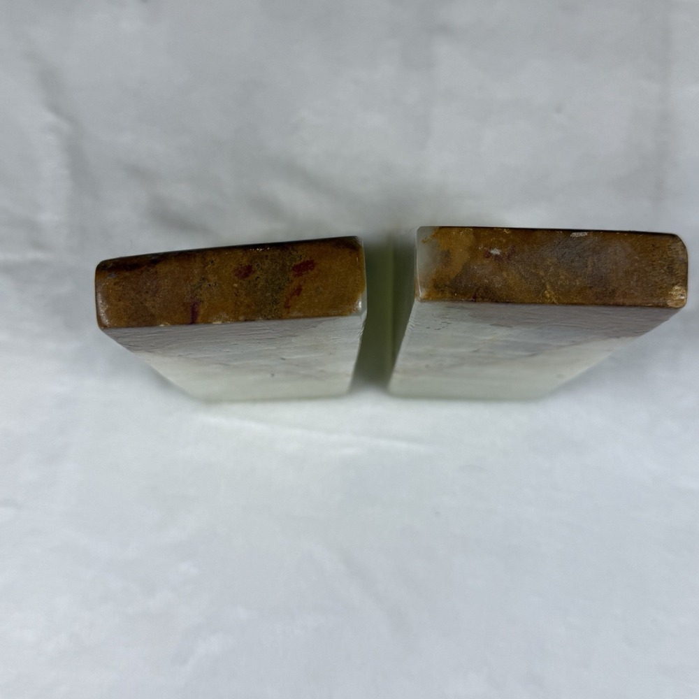Vintage Green Onyx Marble Bookends Pair Natural Stone Brown Banded 7in Geometric - Picture 6 of 10